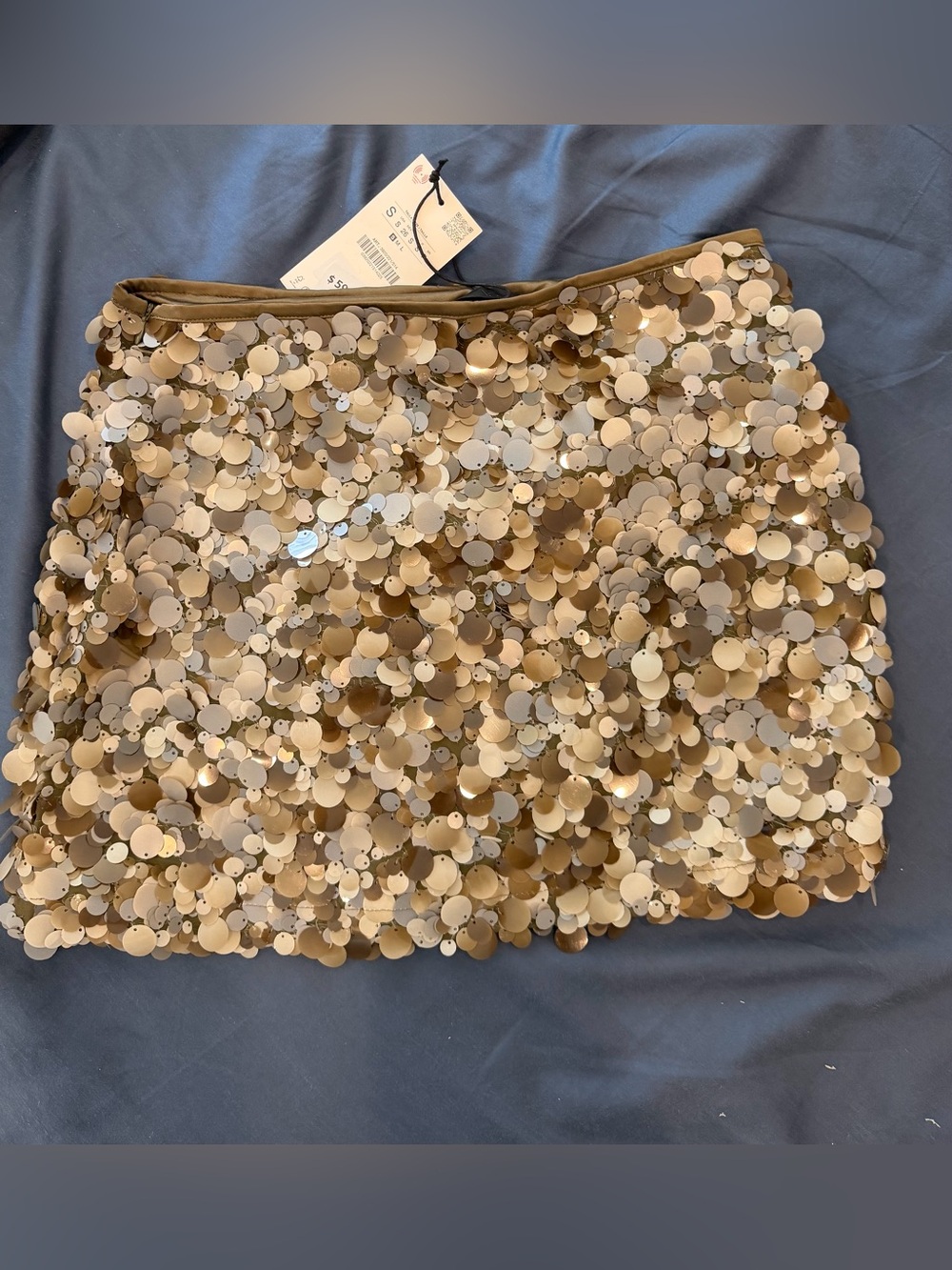 Zara Sequin Mini Skirt Womens Small olive green Beige & Cream